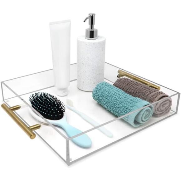 Clear Acrylic Serving Tray (12x12) with Gold Metal Handles, Spill-Proof - Picture 3 of 8